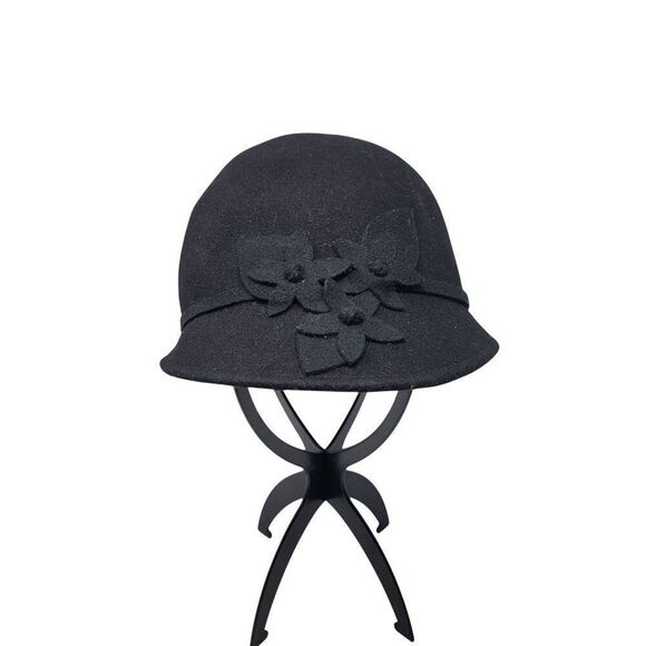Giovannio Womens Black Wool Felt Cloche Hat Ribbon Flower Bow Retro Roaring 20s - Picture 1 of 8